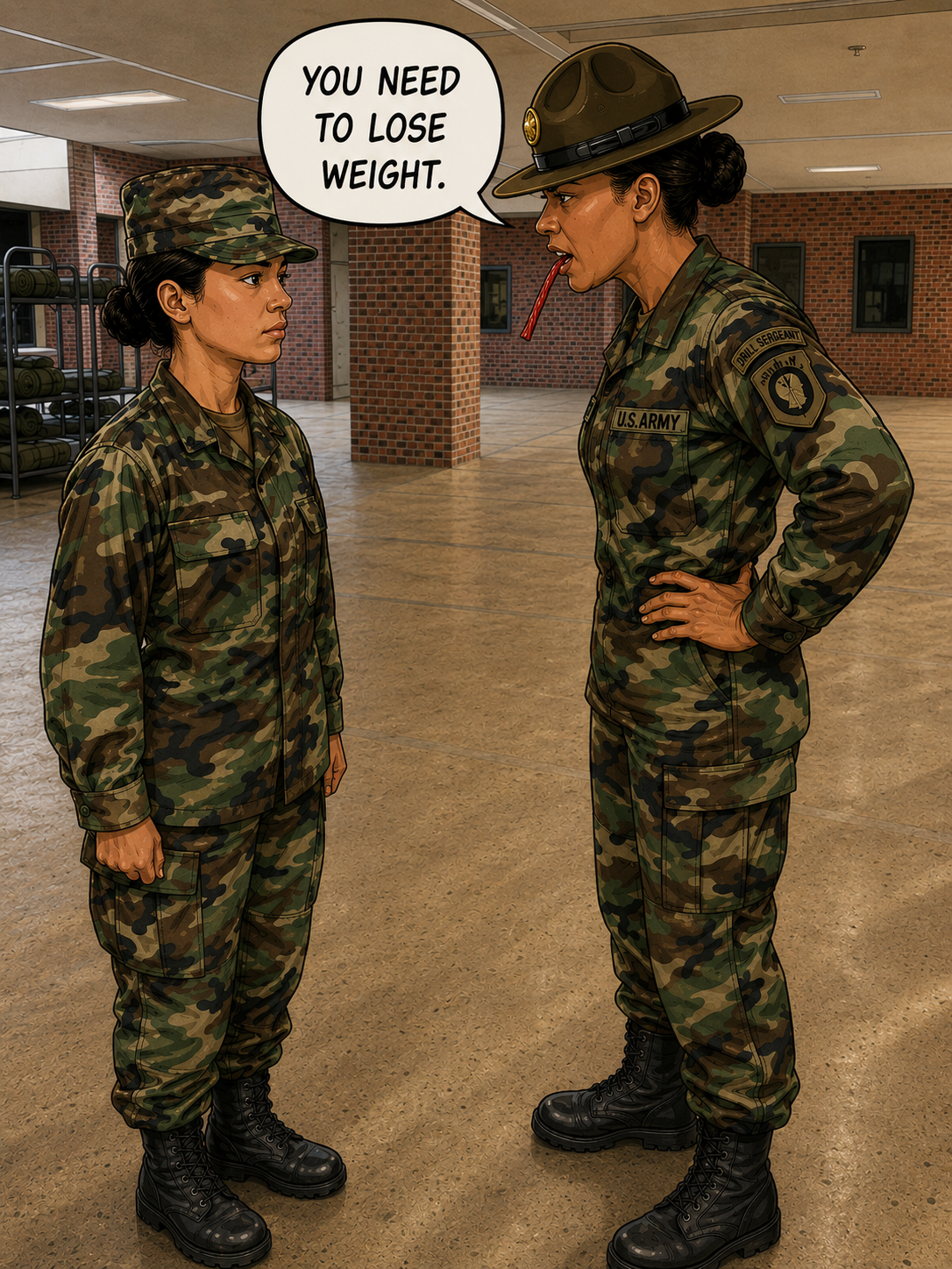 Comic-style illustration of a young female Army recruit standing at attention inside military barracks while a female drill sergeant with a Twizzler in her mouth tells her she needs to lose weight during basic training.