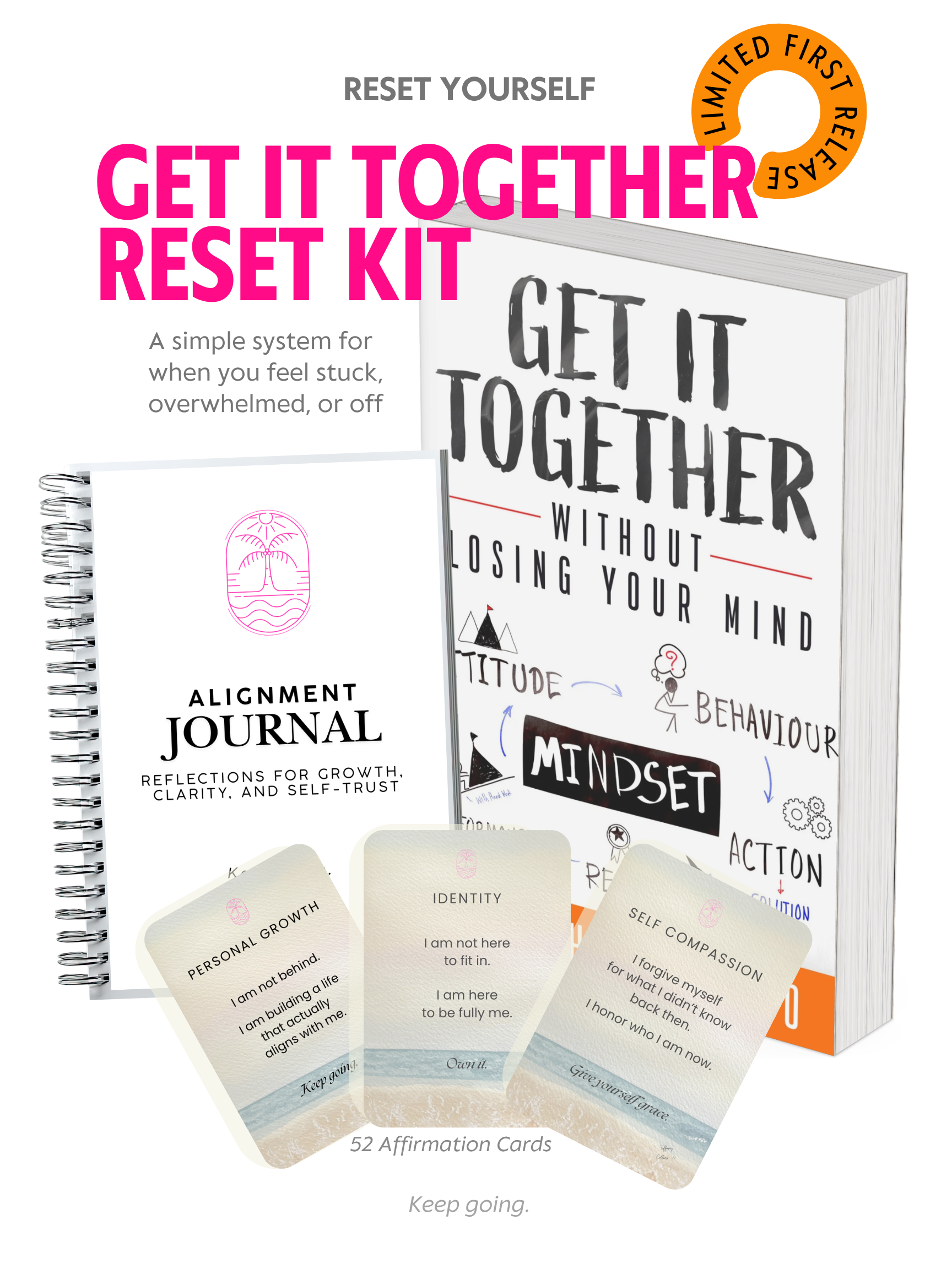 Get It Together Reset Kit with journal, book, and affirmation cards for overcoming self doubt and building confidence