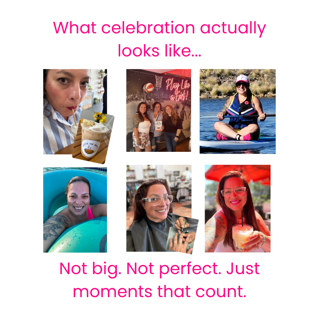 Collage of real-life moments showing simple ways to celebrate small wins, including coffee, time with friends, outdoor activities, and self-care.
