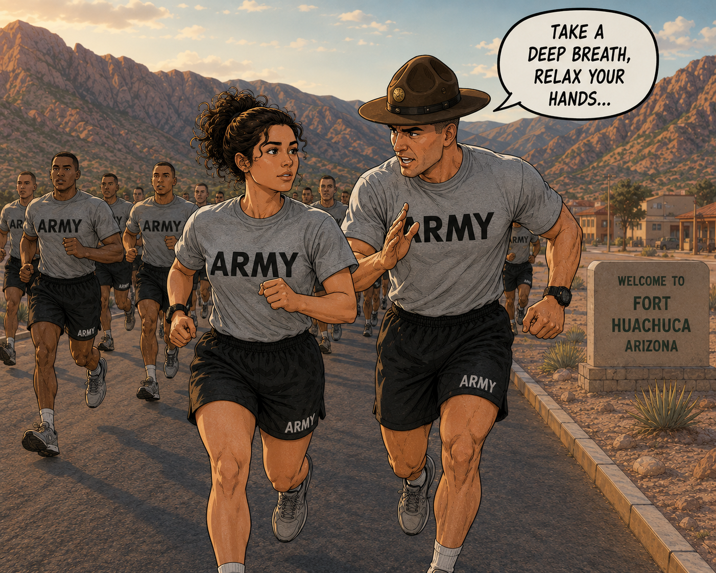 Illustrated Army PT test scene at Fort Huachuca, Arizona showing a female soldier running beside a drill sergeant coaching her to relax her hands and breathe deeply while other soldiers run in the background against desert mountains.