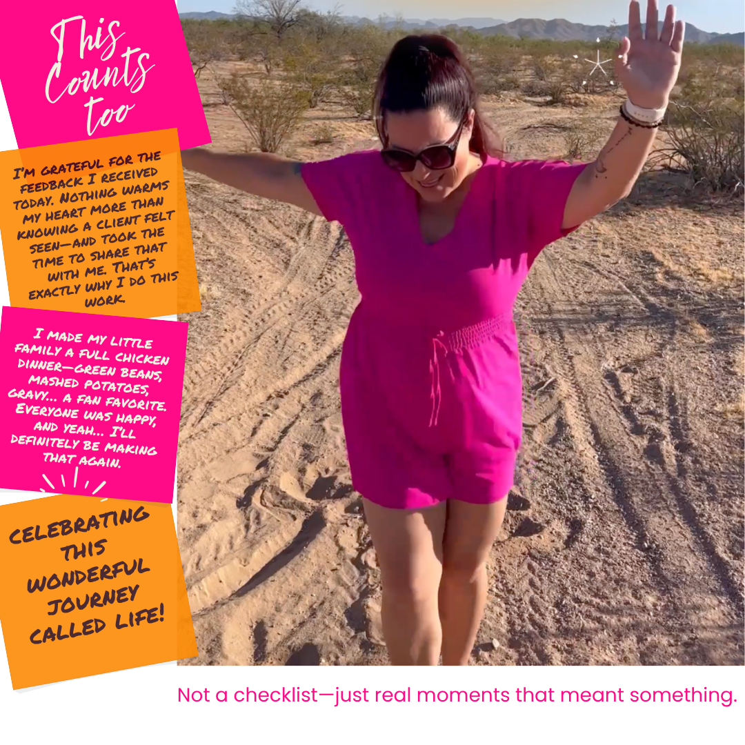 Example of journaling small wins and celebrating everyday moments, shown with handwritten notes and a woman celebrating in a real-life setting.