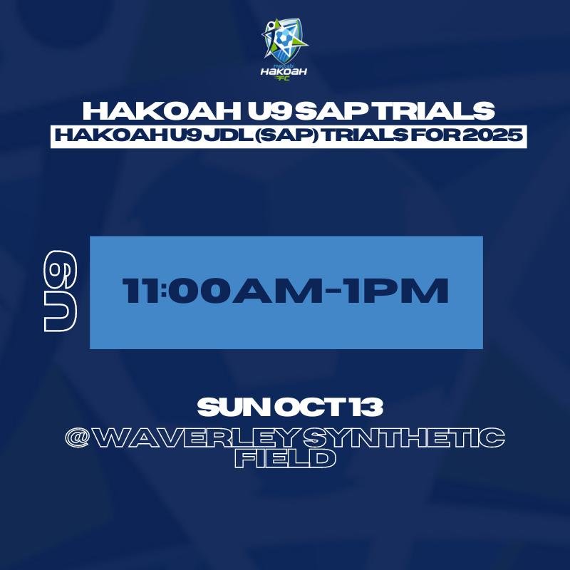 Hakoah FC would like to invite registrations for our U9s JDL (SAP) team for Season 2025, to be held on the 13th of October at Waverley Synthetic Fields from 11am to 1pm

Registration link is in our bio!

#hakoahstrong
