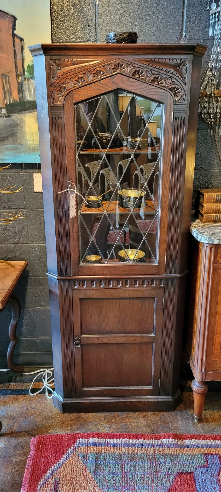 English Carved Oak Leaded Glass Corner Cabinet