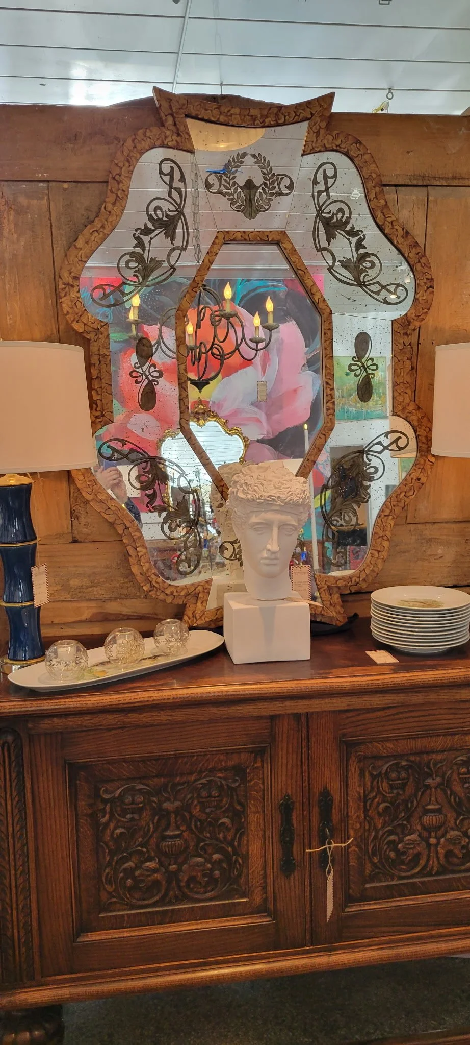 Large Etched Mirror with Burled Veneer