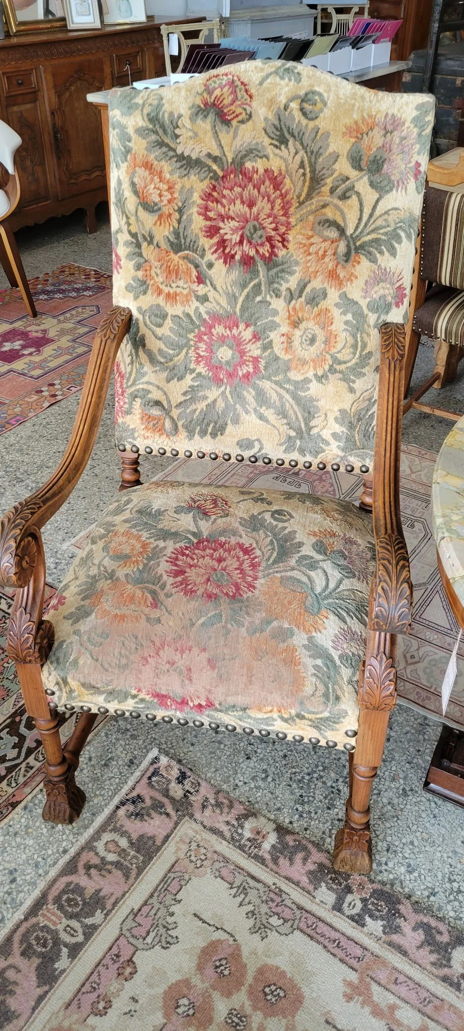 Renaissance Style Pair Oak Fireside Arm Chairs
