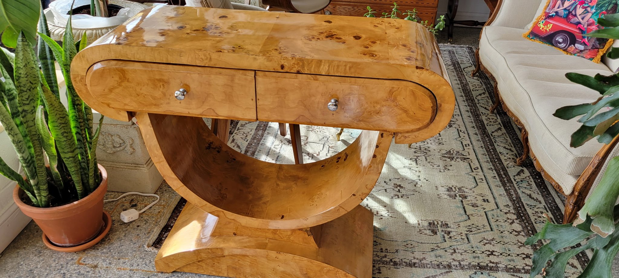 Art Deco Burled Veneer 2 Drawer Console