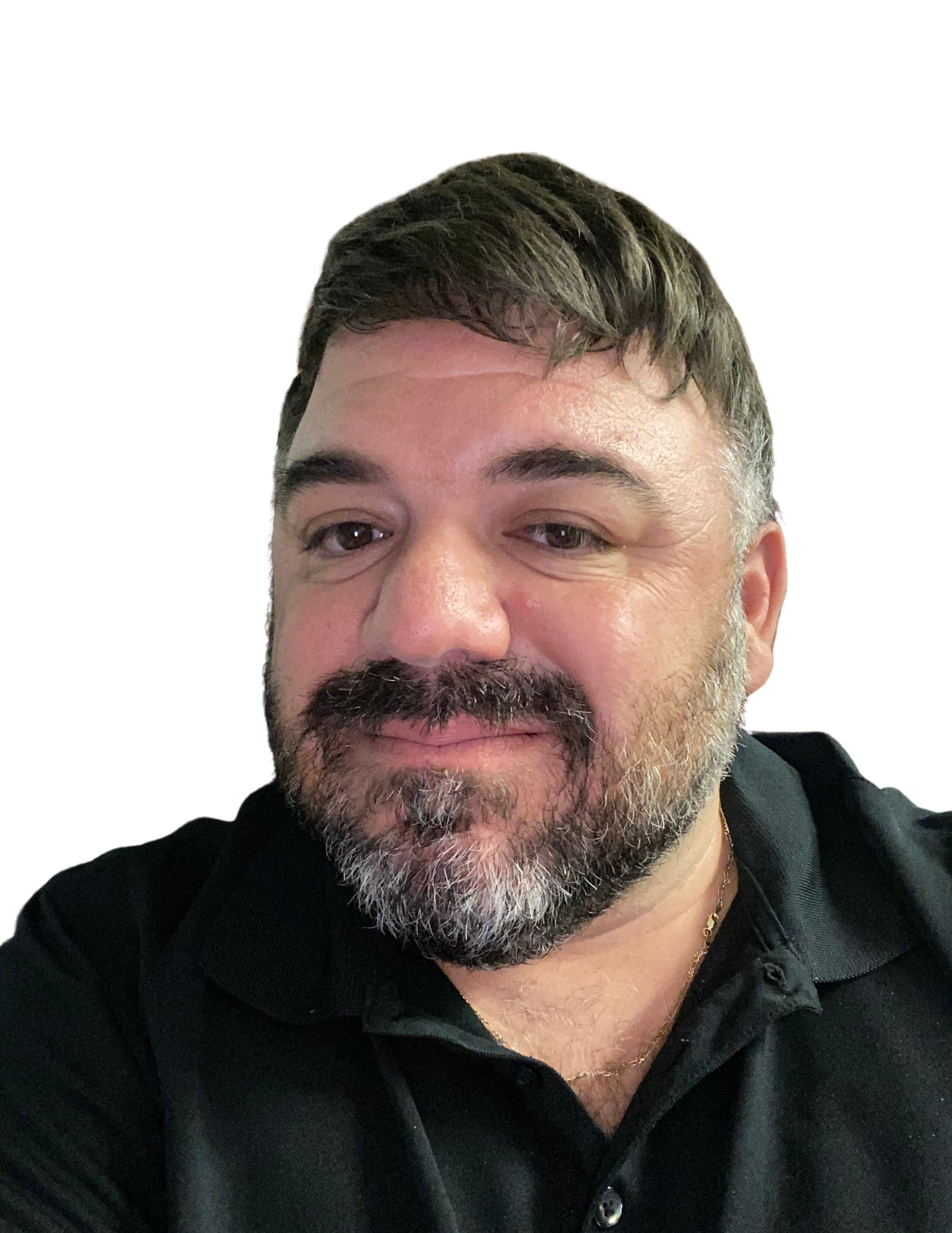 Man with beard and dark hair wearing a black shirt, smiling, white background.