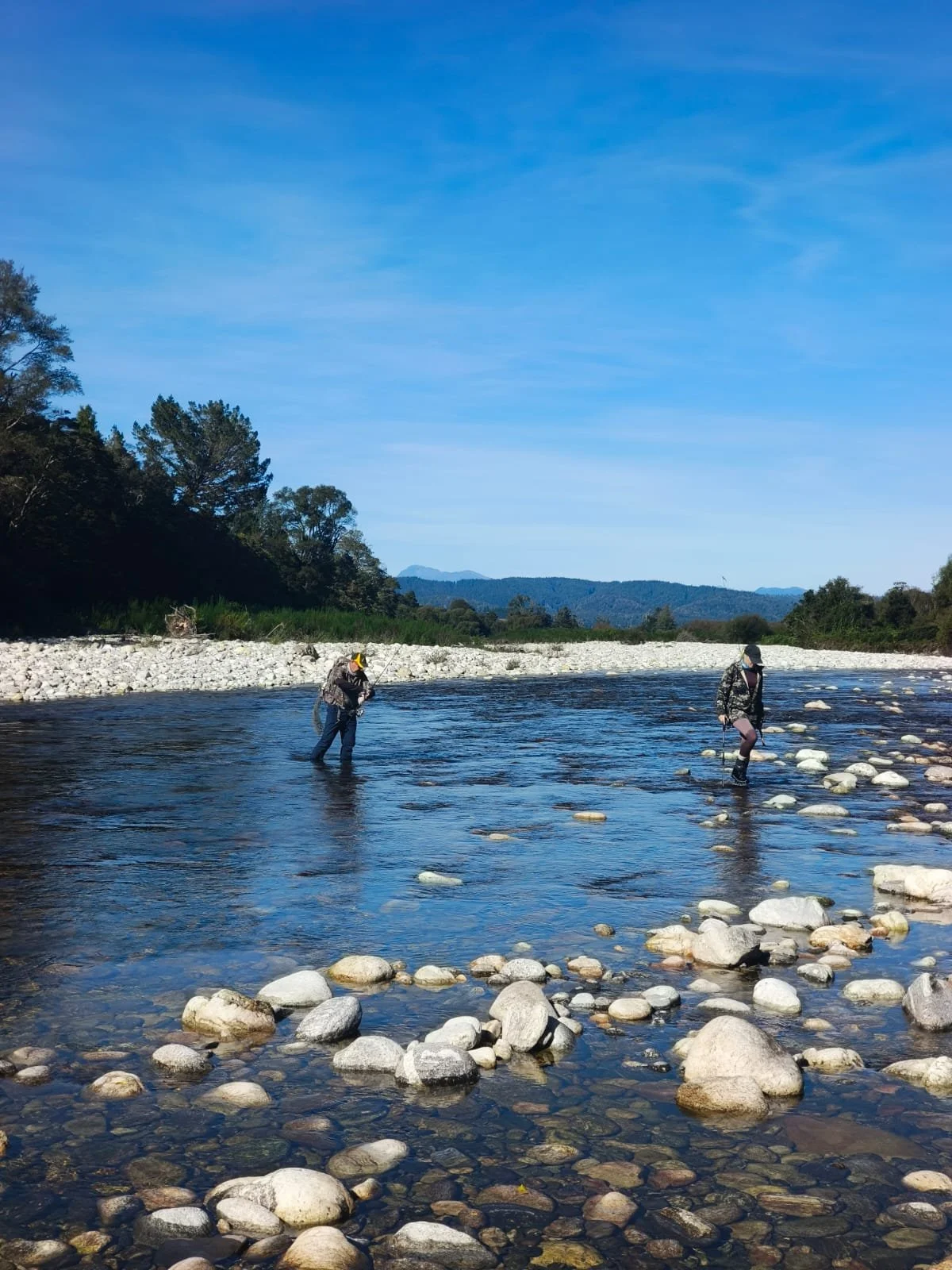 Two guests wading across a clear West Coast river to reach a fly fishing spot near Lake Brunner.