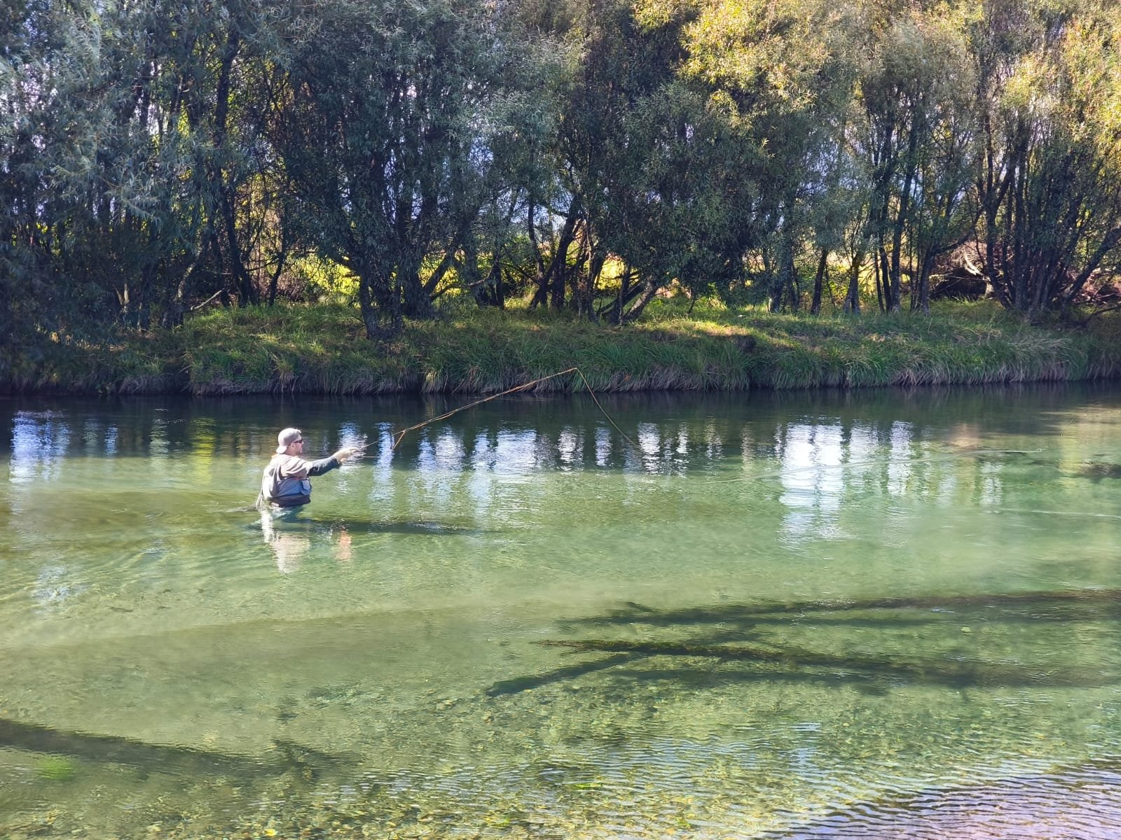 Guest fly fishing in a clear, tree-lined river near Lake Brunner on New Zealand’s West Coast.