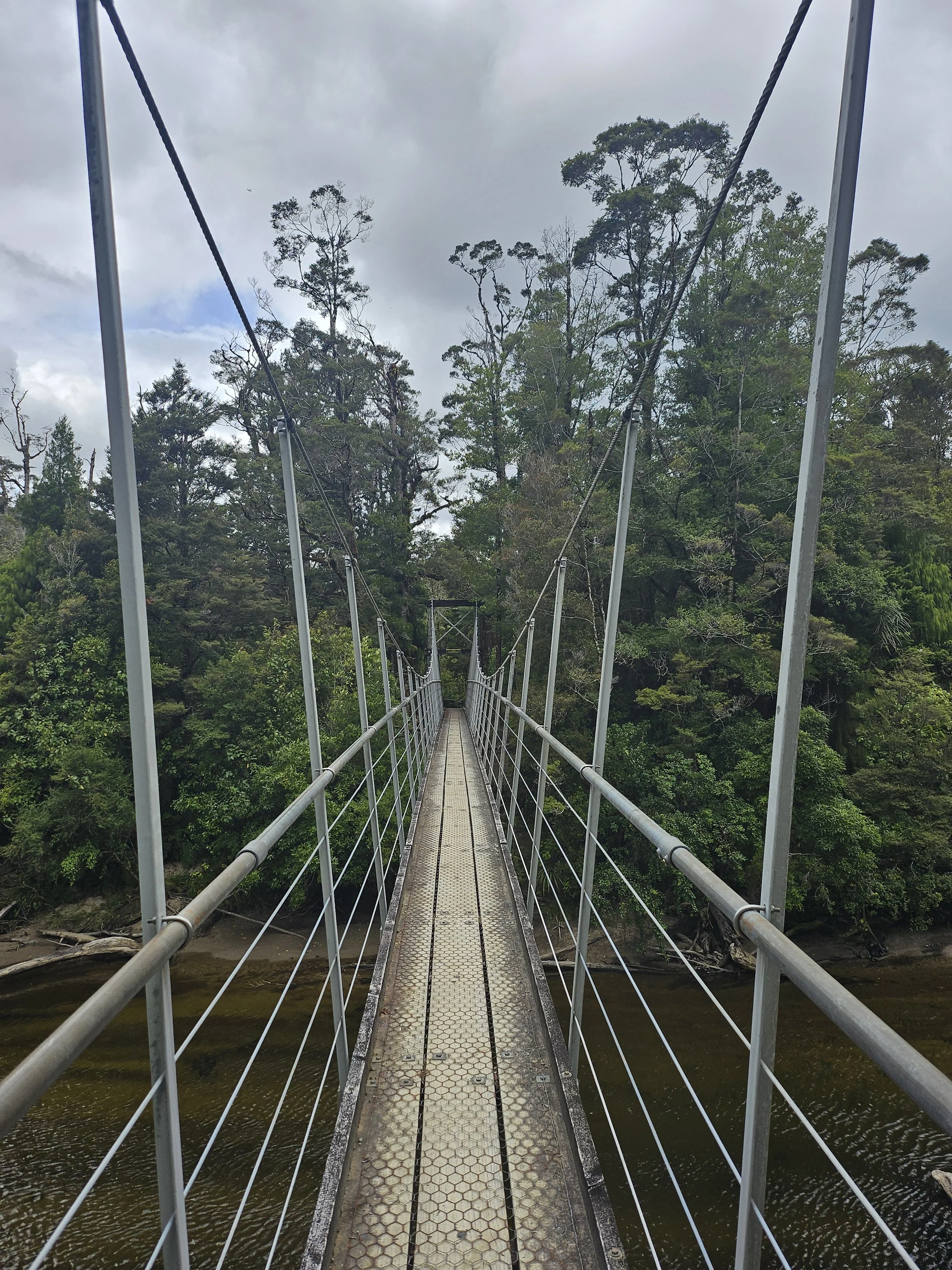Suspension bridge on the Pororari River Track in Paparoa National Park on New Zealand’s West Coast, a scenic walk within driving distance of Lake Brunner Eco Lodge