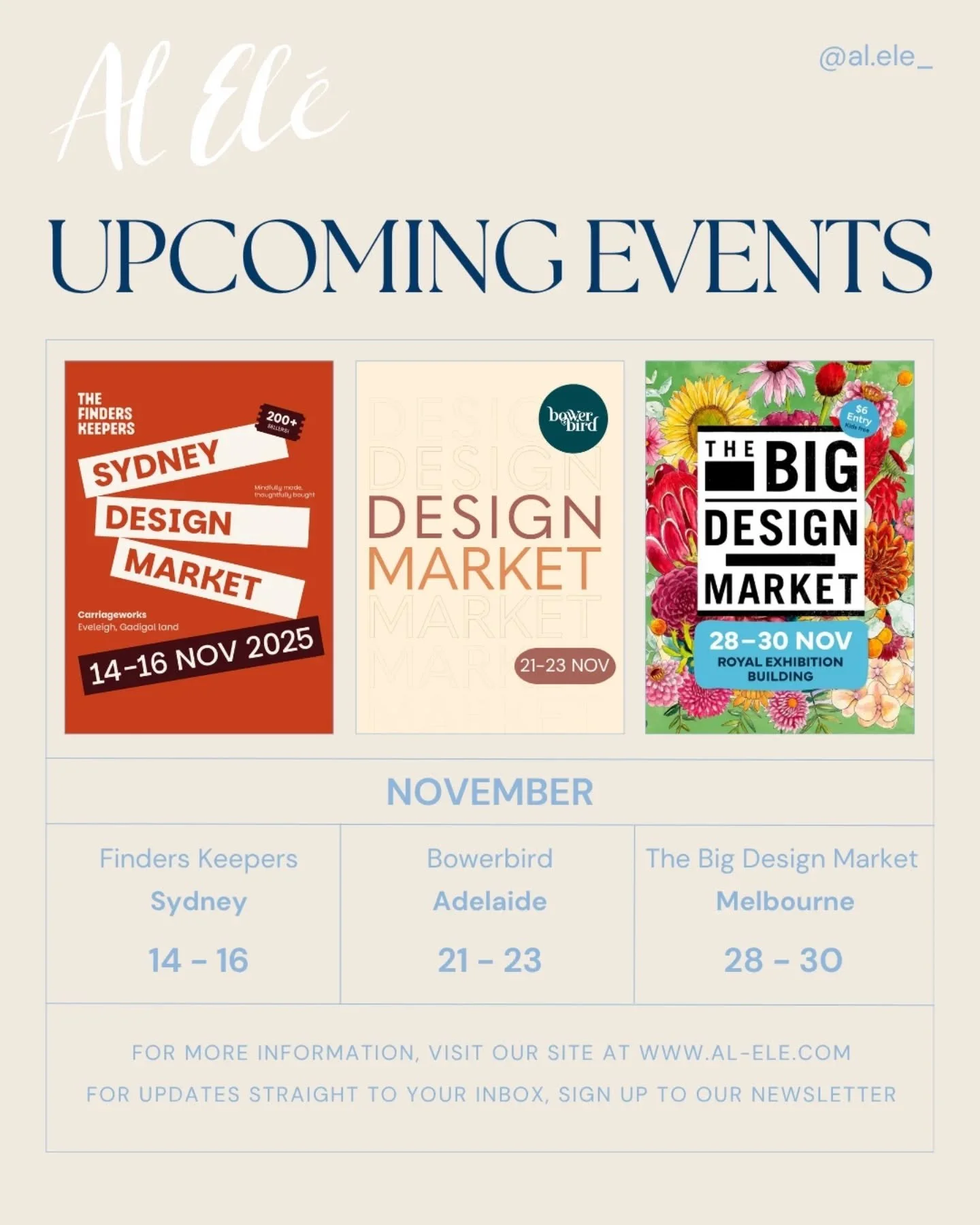 November is going to be a busy (and exciting!) month ✨
You&rsquo;ll be able to find me and the Al El&eacute; collection at three beautiful markets across Australia:

📍 @thefinderskeepersmarket &ndash; Sydney
November 14&ndash;16

📍 @bowerbird.au &n