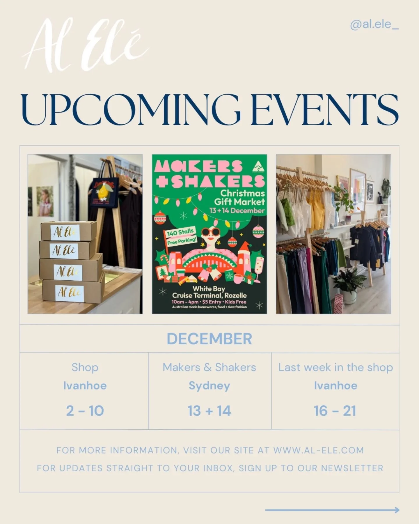 December is shaping up to be another big and exciting month! 🤩
You&rsquo;ll be able to find me - and the full Al El&eacute; collection - at our last event of 2025 in Sydney, as well as in our lovely Ivanhoe store.

And in case you missed the news: o