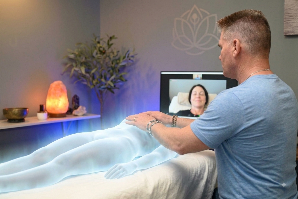 David offering remote Reiki while connected with a client through Zoom