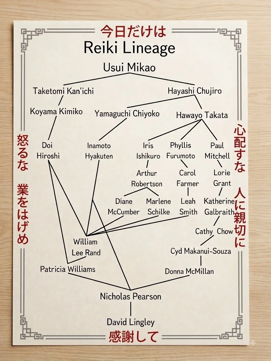 David Lingley's Reiki master lineage tracing through Nicholas Pearson to Mikao Usui