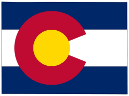 Colorado state flag with red "C" and yellow circle on blue, white, and blue horizontal stripes.