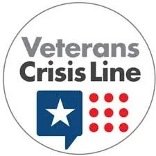 Veterans Crisis Line logo with a blue chat box and white star, red dots symbolizing a phone keypad.