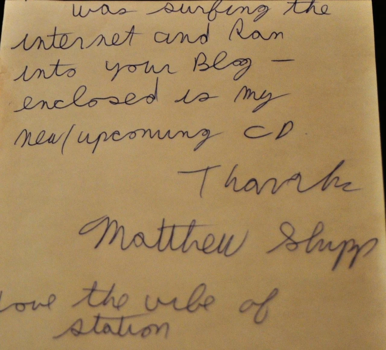 Carta de puño y letra del pianista Matthew Shipp (Thirsty Ear Recordings).