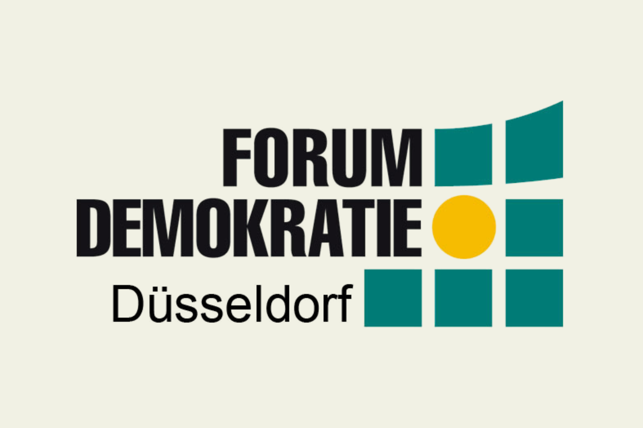 Logo mit türkisfarbenen Quadraten und einem gelben Kreis in der Mitte und dem Text 'Forum Demokratie Düsseldorf' in Schwarz auf hellem Hintergrund.
