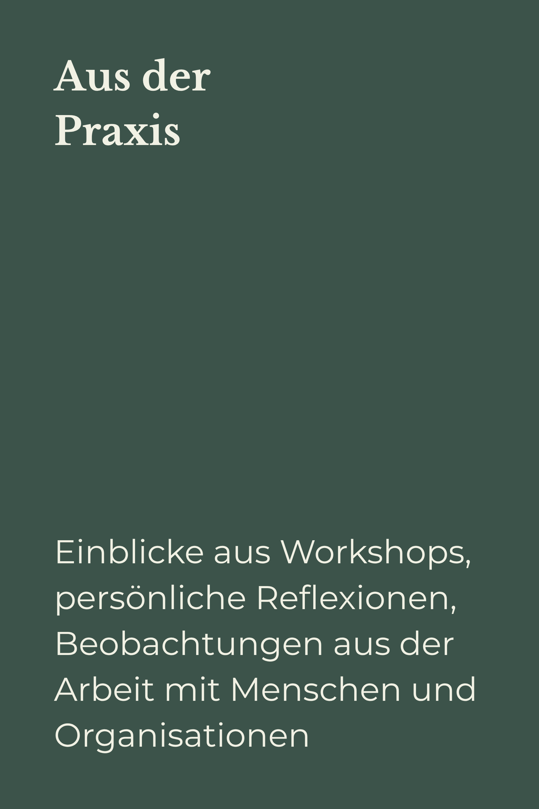 Buchcover mit grünem Hintergrund, weißem Text, der Titel lautet "Aus der Praxis" und eine Unterzeile mit weiteren Beschreibungen, die Einblicke aus Workshops, persönliche Reflexionen und Beobachtungen in der Arbeit mit Menschen und Organisationen umfassen.