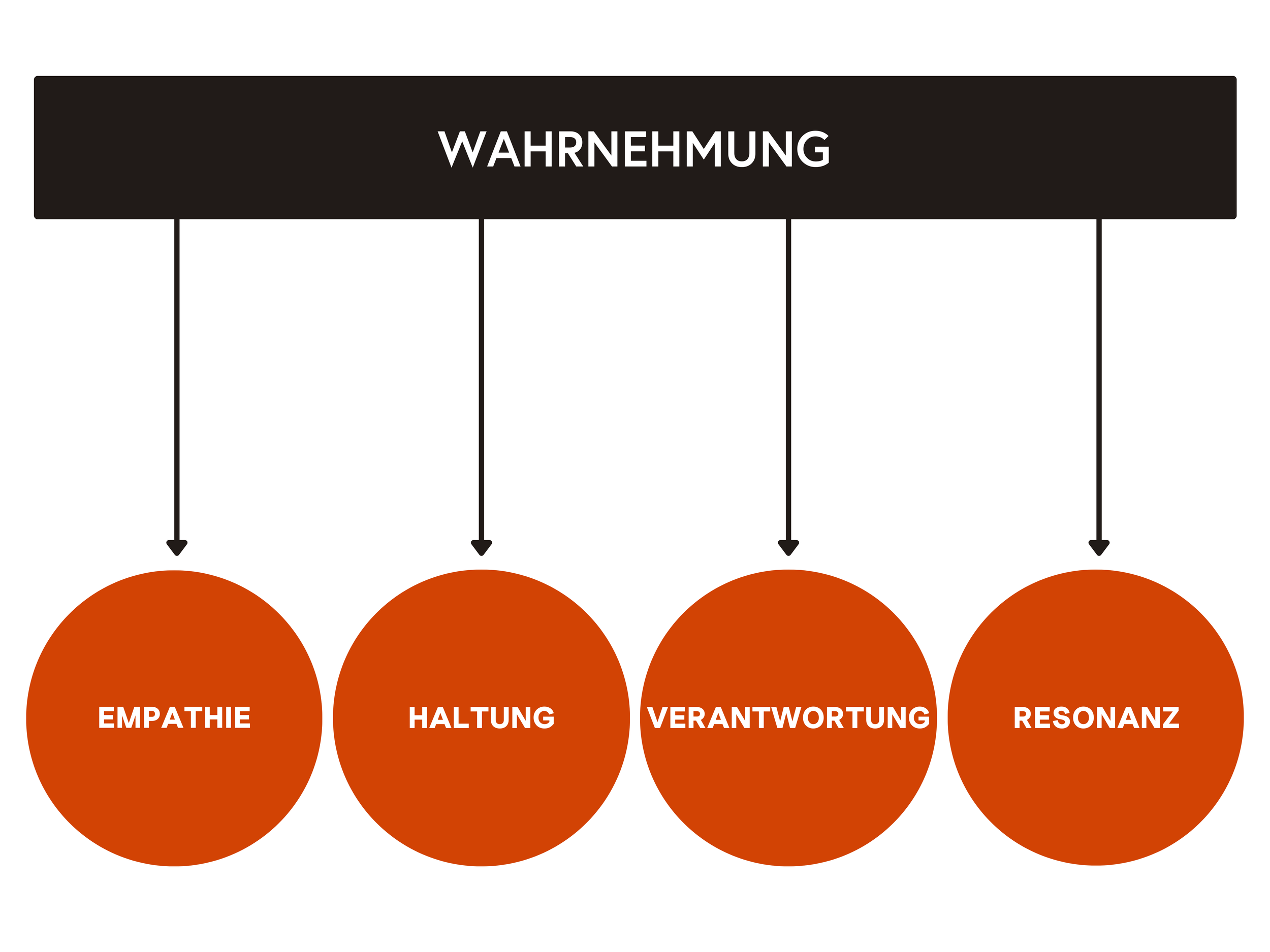 Diagramm mit dem Titel ‚Wahrnehmung‘, das vier Begriffe zeigt: ‚Empathie‘, ‚Haltung‘, ‚Verantwortung‘ und ‚Resonanz‘, verbunden mit Pfeilen.