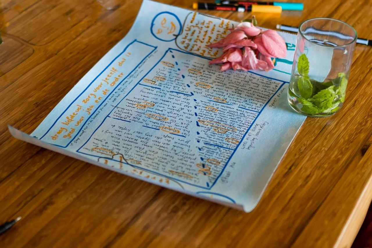 A handwritten letter on a large sheet of paper with notes and drawings, a bunch of pink flowers, a glass of water with green mint leaves, and markers on a wooden table.