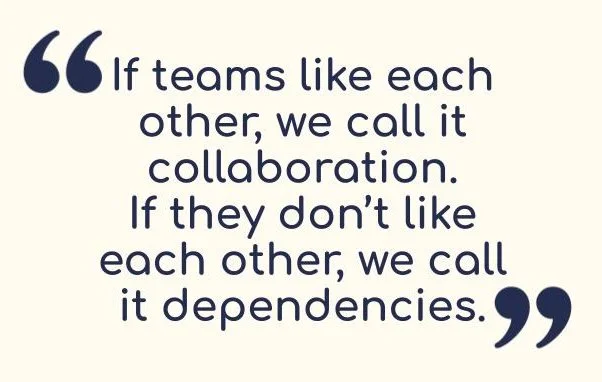 Quote saying: If team like each other, we call it collaboration. If they don't like each other, we call it dependencies