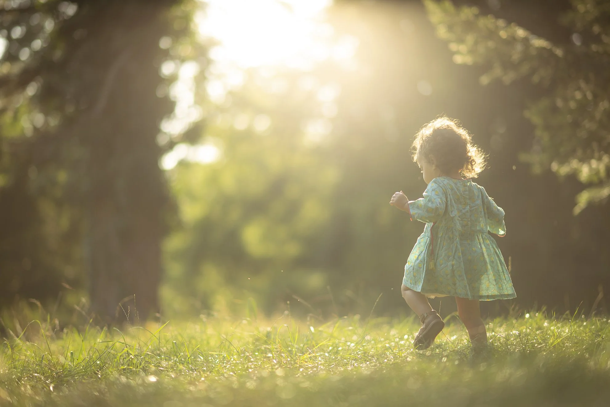 A young girl with curly hair running through a sunlit park or forest during late afternoon or early evening, with trees and grass around.