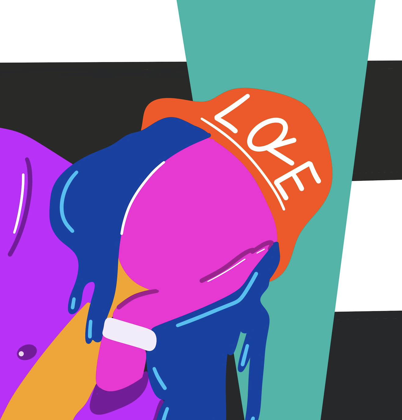 Abstraktes digitales Kunstwerk mit bunten Elementen und der Aufschrift 'LOVE' auf einem orangefarbenen Hintergrund.