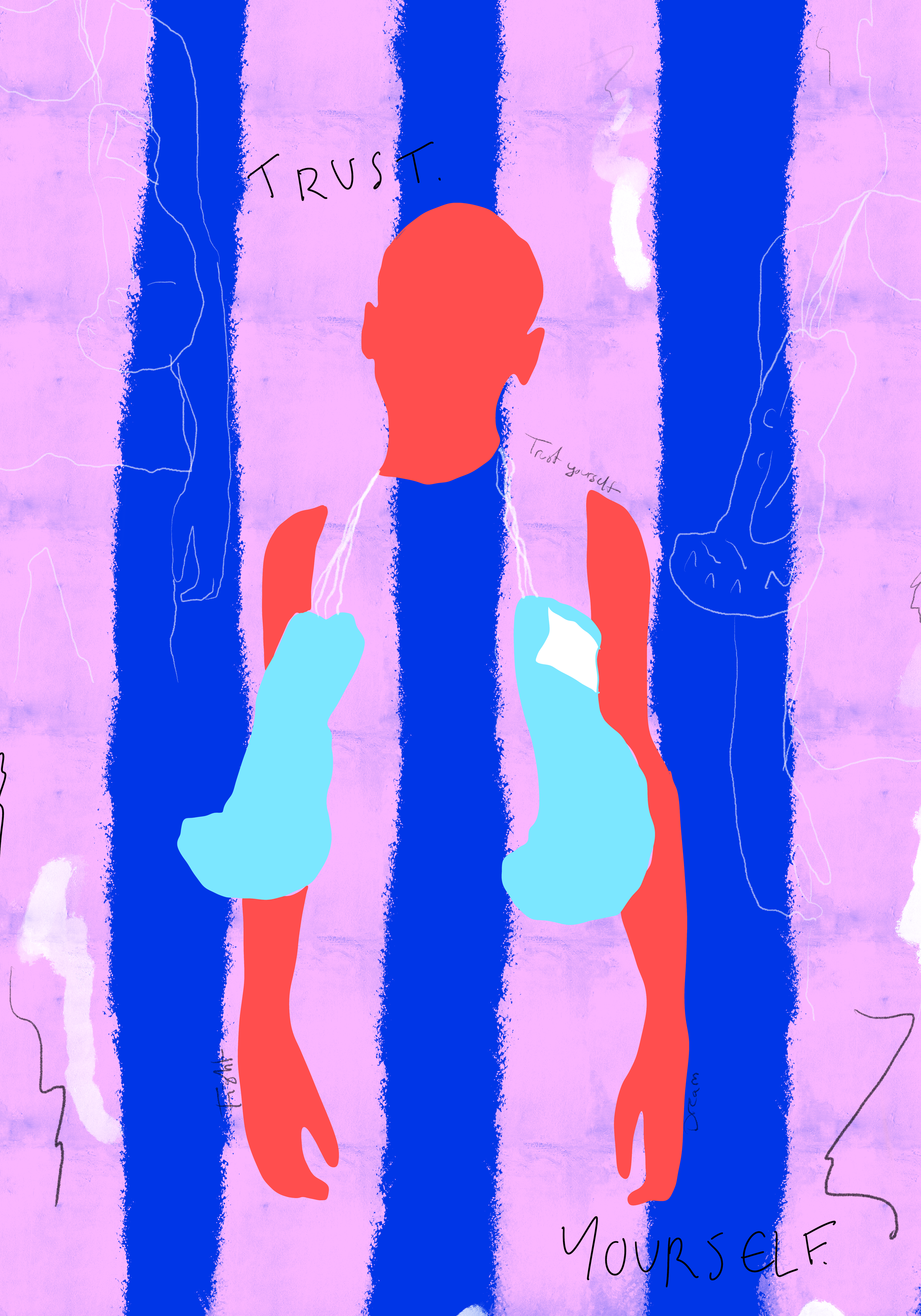 Abstrakte Illustration eines Menschen, der Boxhandschuhe trägt, vor einem Hintergrund mit blauen und pinken Streifen und Zitaten wie 'Trust' und 'Trust Yourself' auf Englisch. Stilisiert und farbenfroh gestaltet.