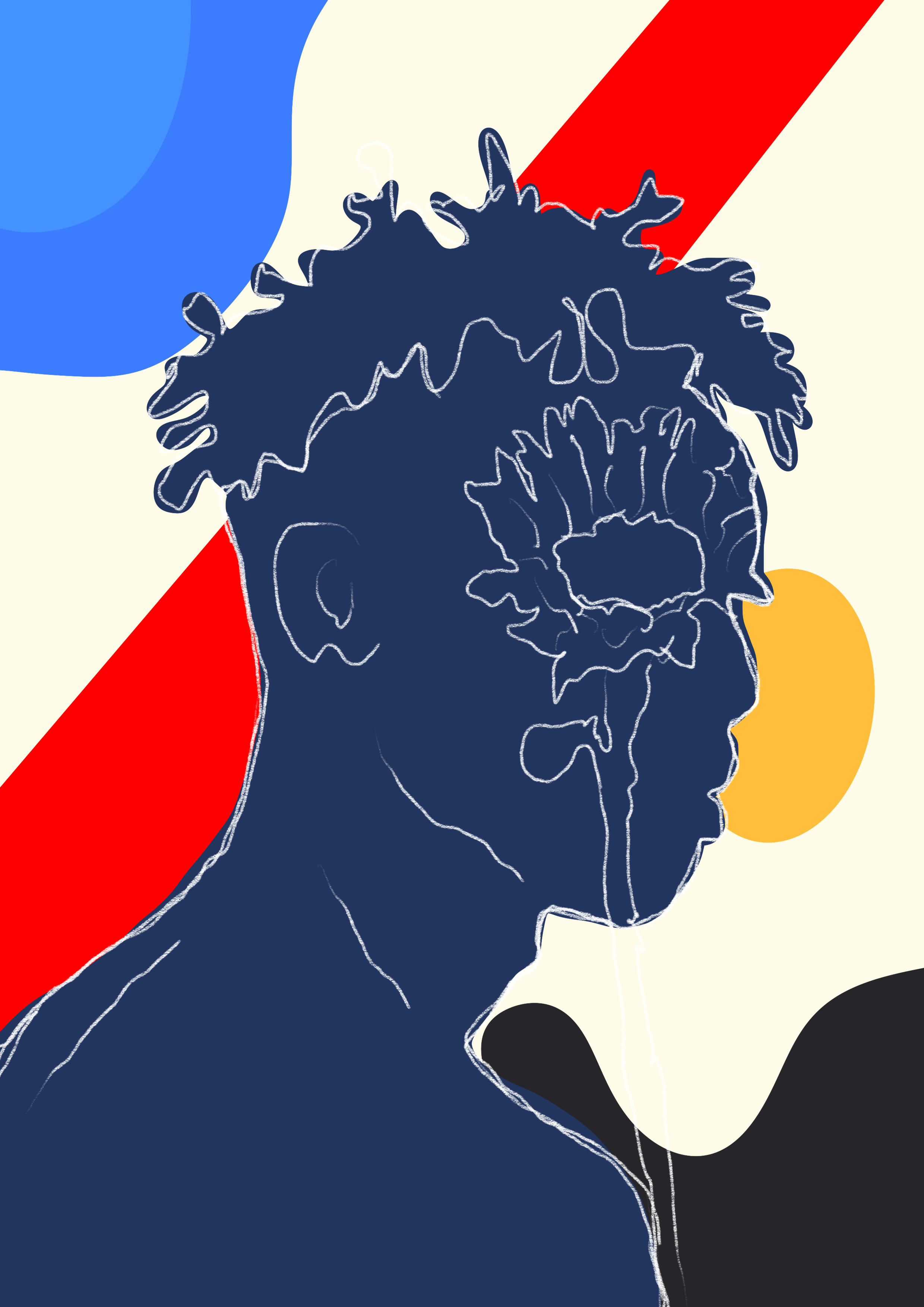 Digitales Kunstbild eines Menschen im Profil mit abstrakten farbigen Formen im Hintergrund.