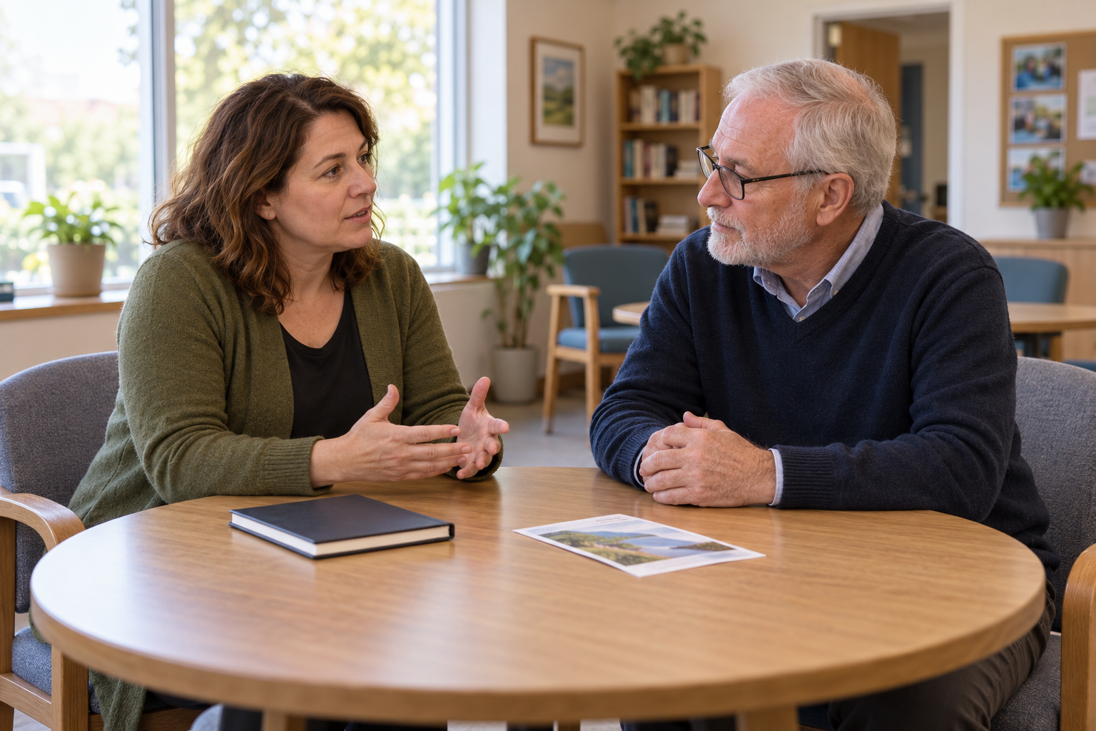 A woman and an older man speak across a round table in a community meeting room, with a closed notebook and leaflet between them.