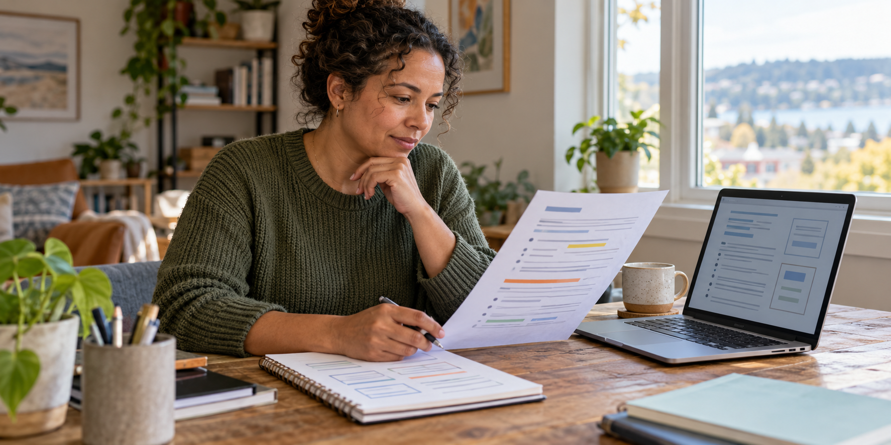 A job seeker reviews an annotated job advertisement beside a laptop and builds a task-to-evidence worksheet in a notebook.