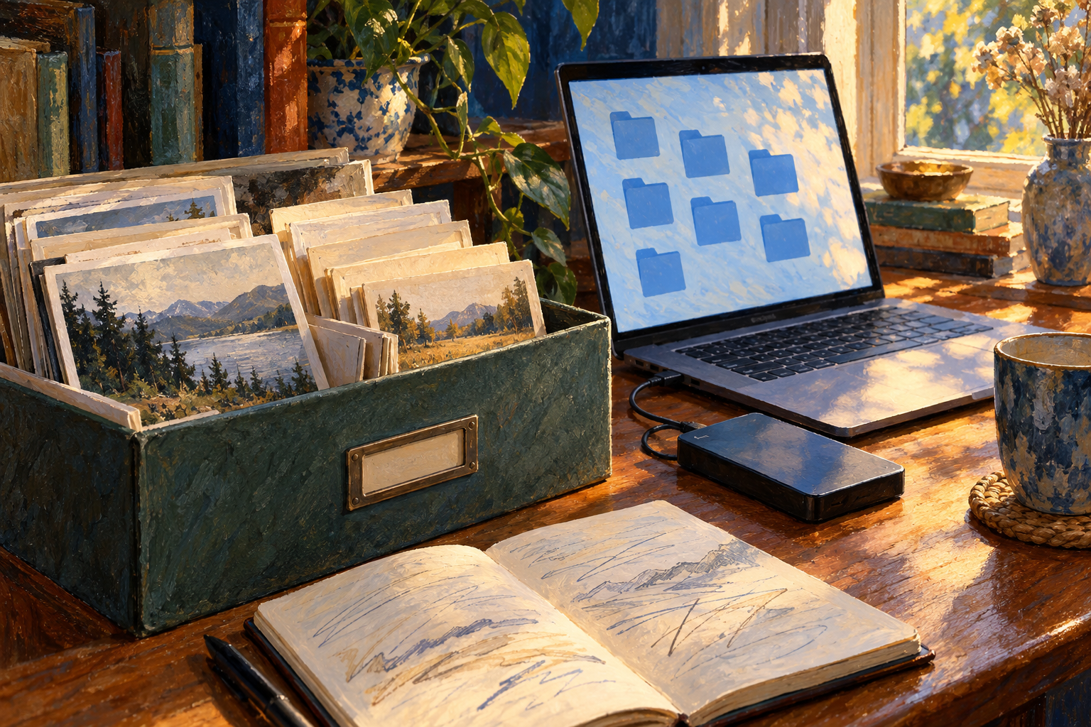 Warmly lit painting of a laptop displaying blue folder icons beside an external drive, a box of landscape photographs and an open notebook on a wooden desk, with books and plants behind them.