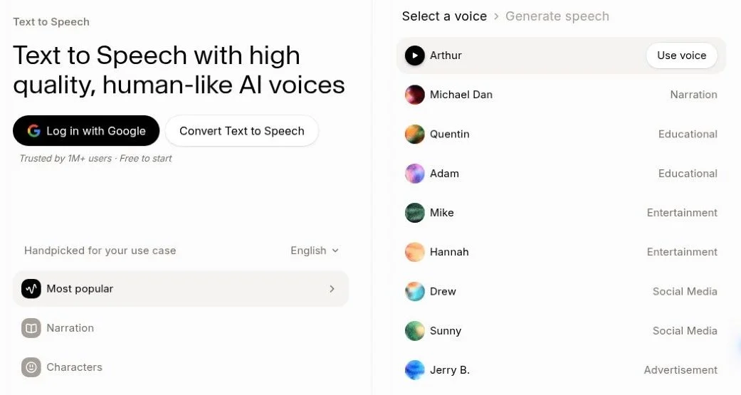 Public text-to-speech demonstration showing voice categories, sample voice names and a Use voice button.