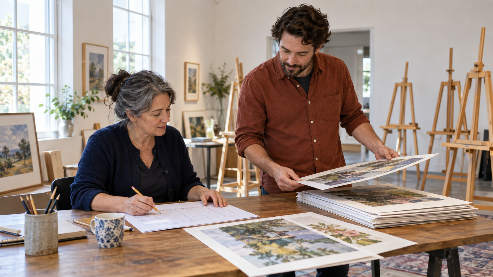 Two adults review a planning sheet and art prints at a wooden table, with empty exhibition easels behind them.