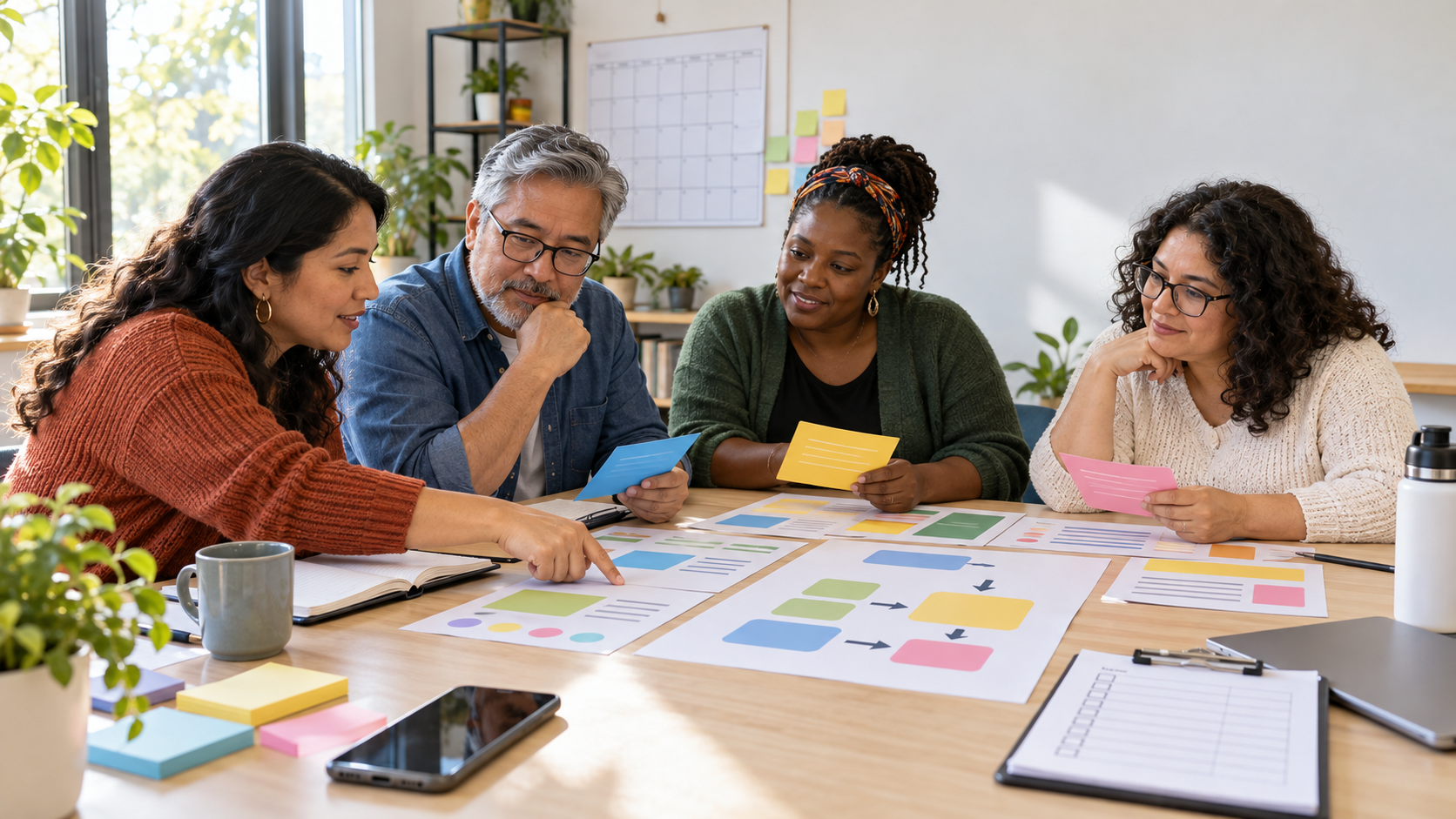 Four diverse adult community organizers review color-coded notice cards and an action-flow worksheet around a bright meeting table.