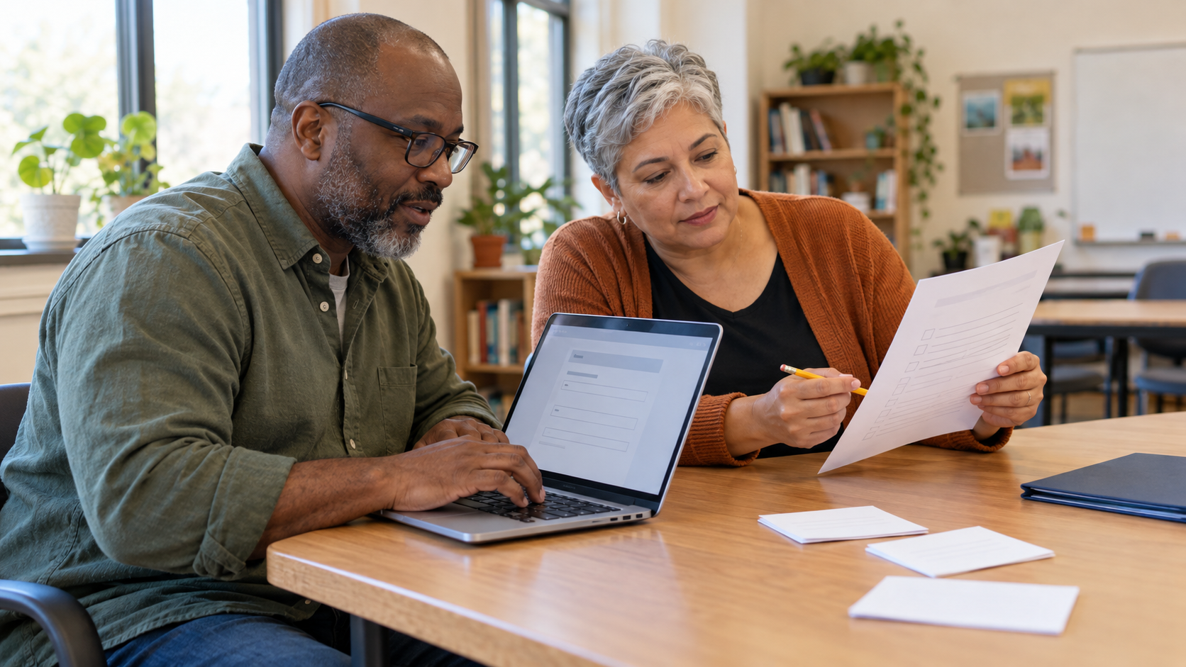 Two adults review a paper sign-up form beside a laptop at a table in a community learning room.