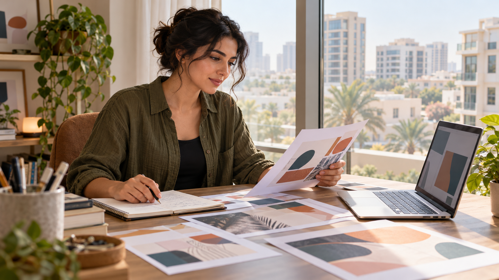 Designer reviewing printed brochure layouts beside a notebook and laptop in a bright apartment workspace.