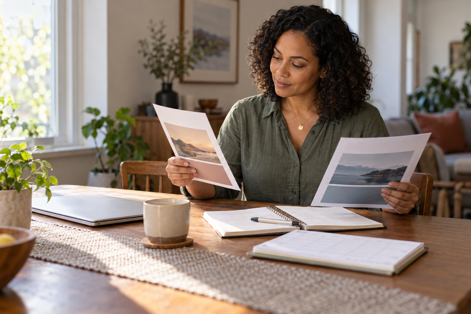 An adult learner compares two brochures at a dining table with an open notebook, a planner, and a closed laptop.