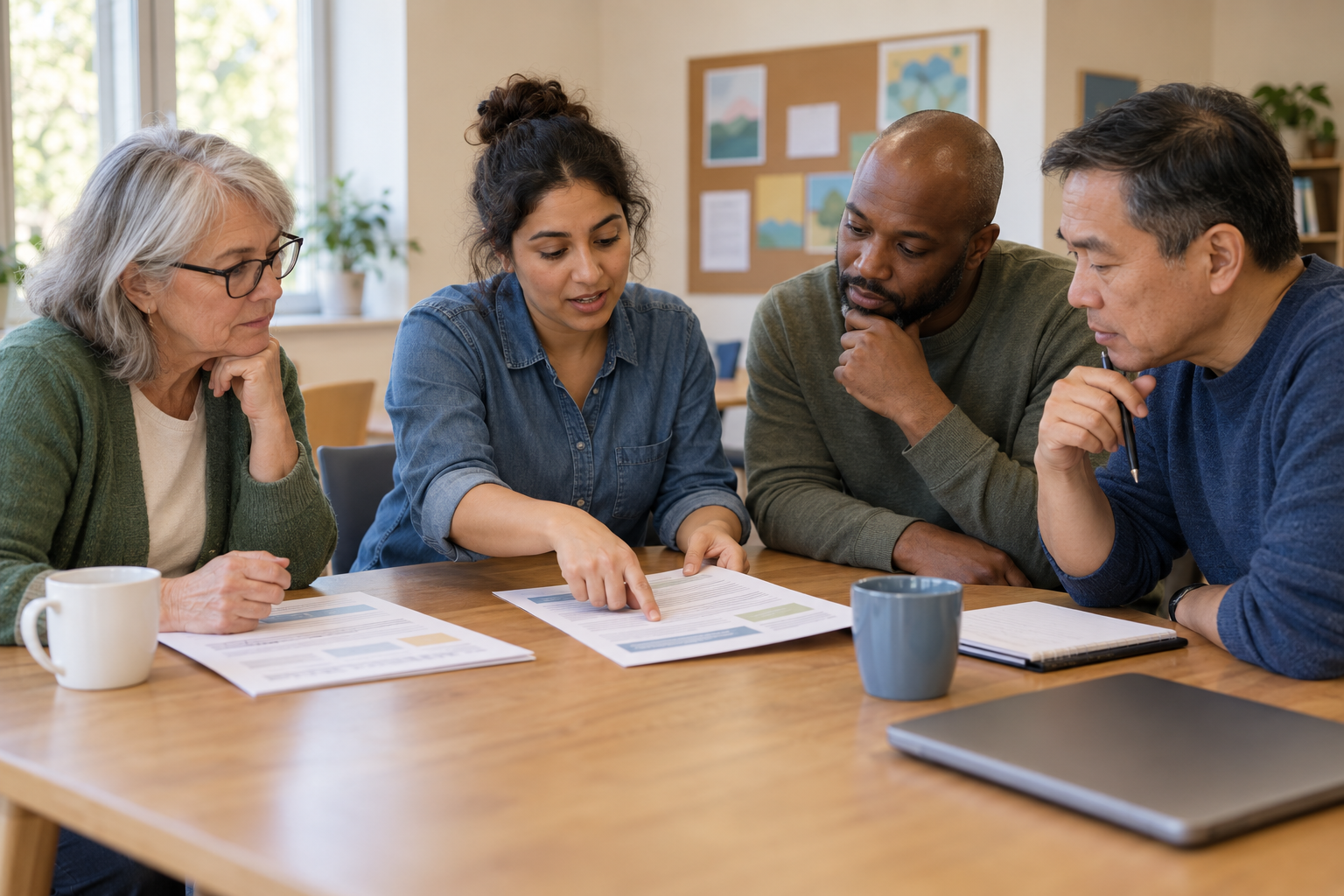 A community coordinator and three prospective adult volunteers review a one-page role brief together at a table.