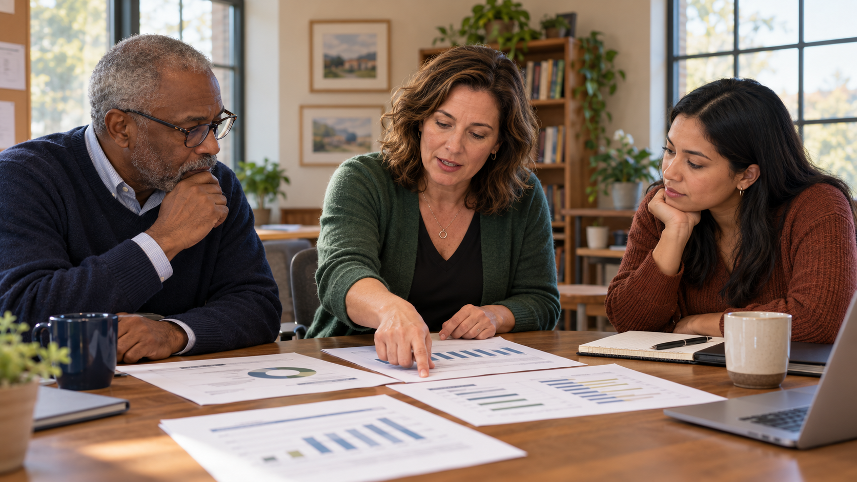 Three adults seated around a table examine printed charts during a fictional nonprofit planning meeting.