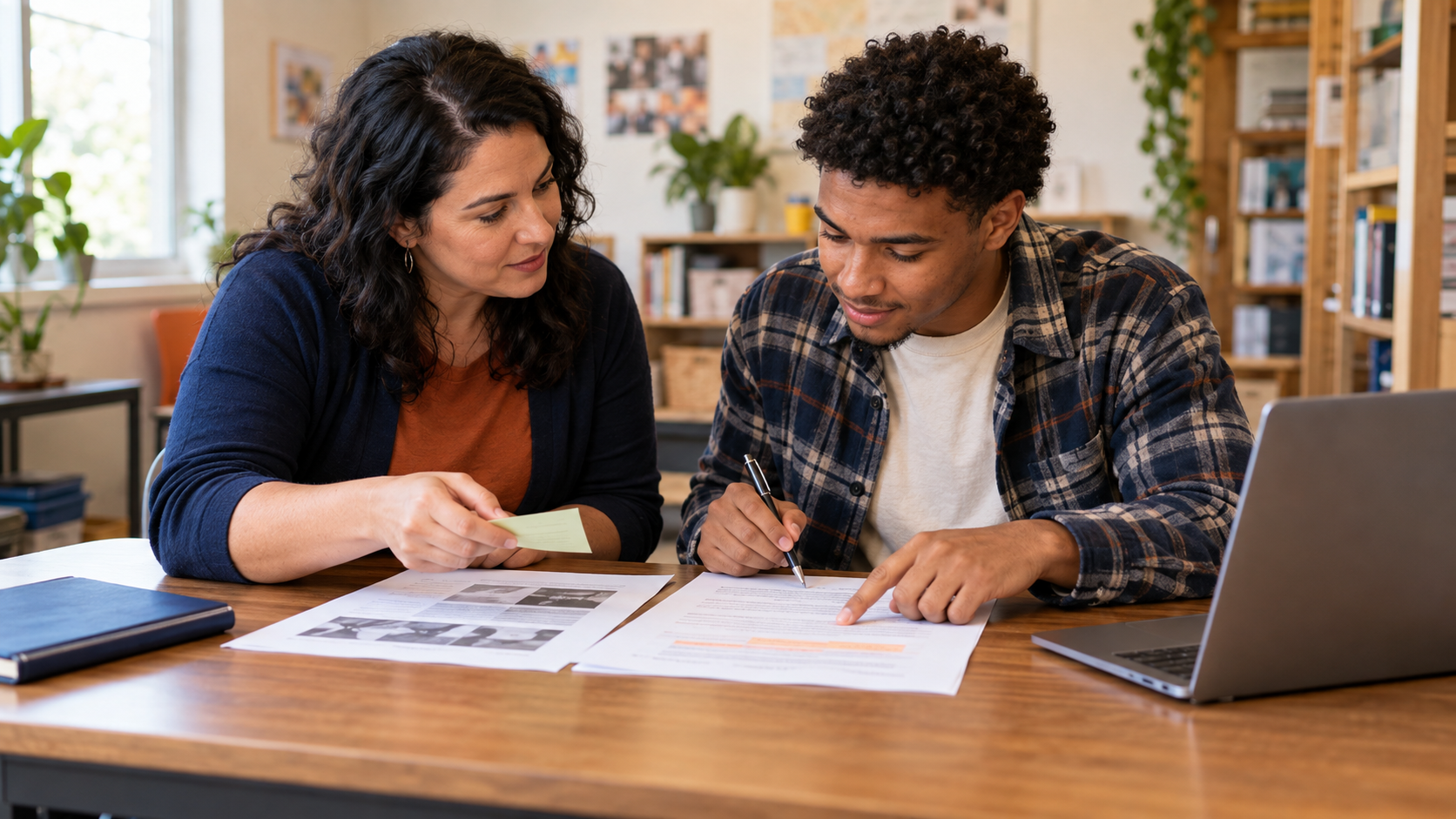 An educator and a young adult learner compare two printed drafts while the learner marks a revision at a community learning table.