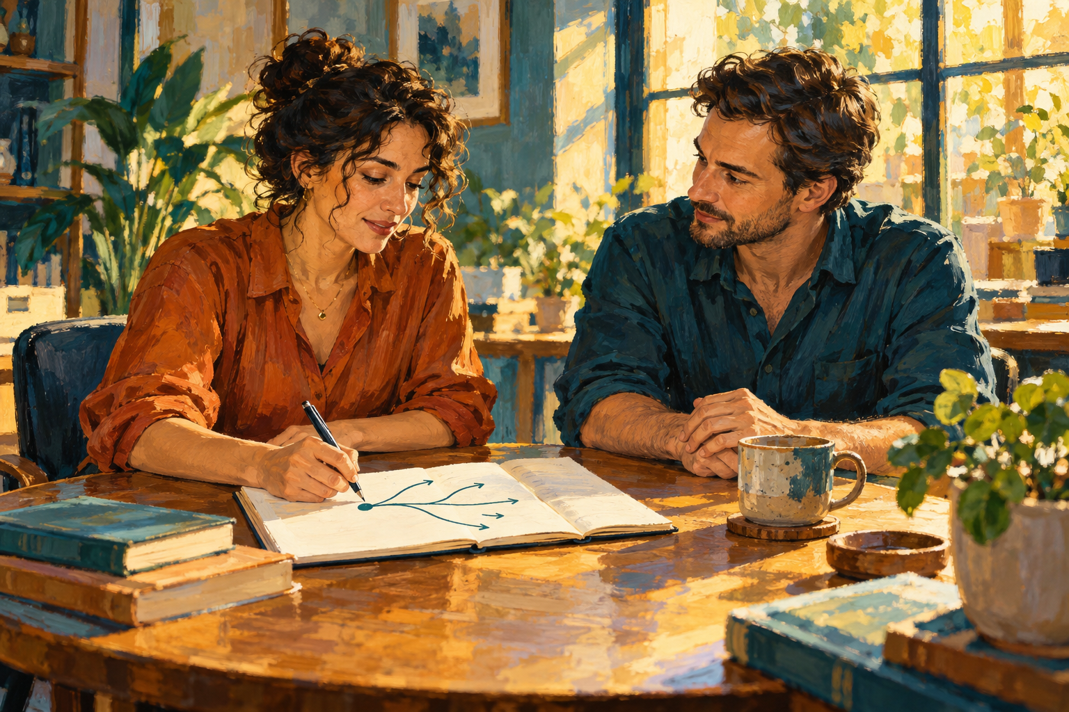 Painterly illustration of two adults at a sunlit wooden table. A woman draws branching arrows in an open notebook while a man listens, with books and a mug nearby in teal and ochre tones.