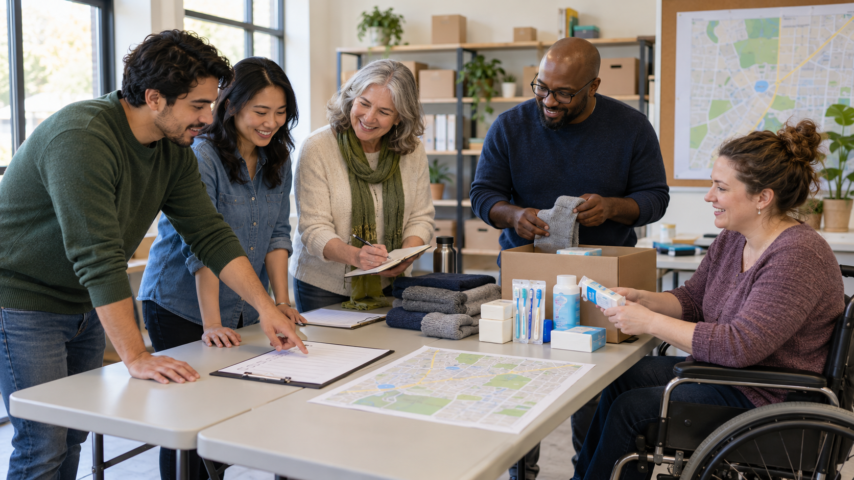 Five adults review a needs checklist and sort a small number of new essential items around a community center table.