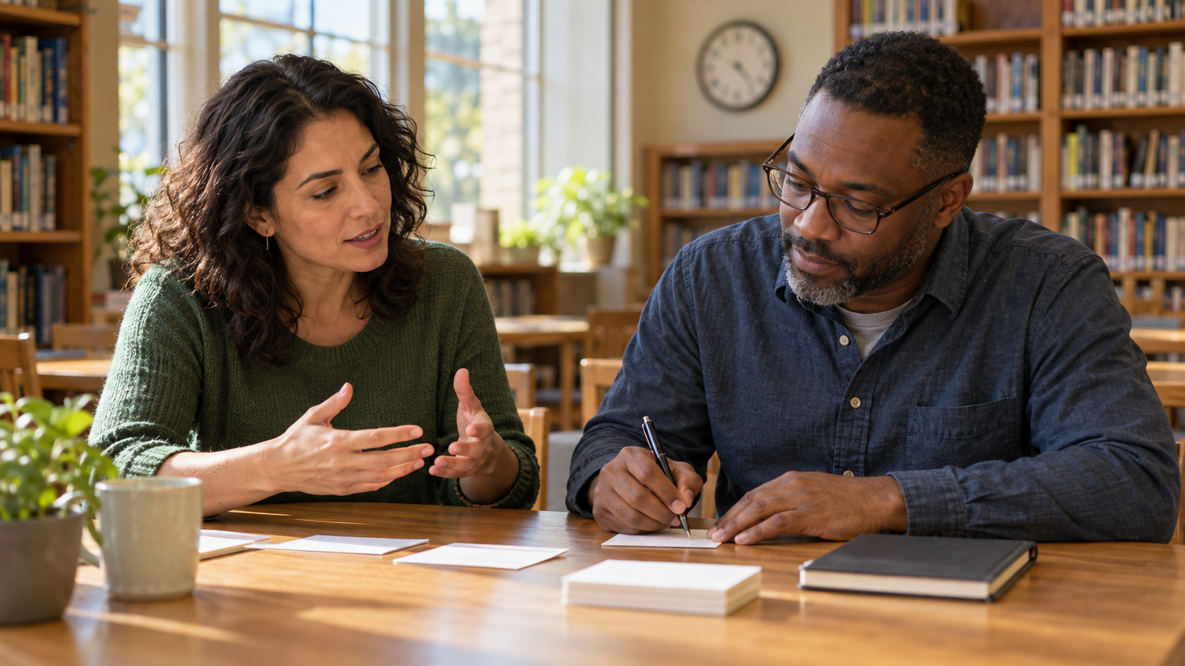 Two adults at a library table, one explaining an idea and the other writing on an index card beside a closed notebook.