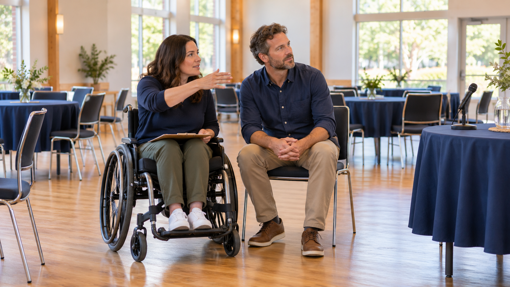 Two adult organizers, one using a wheelchair, review the layout of a bright community hall with spaced tables and a microphone.