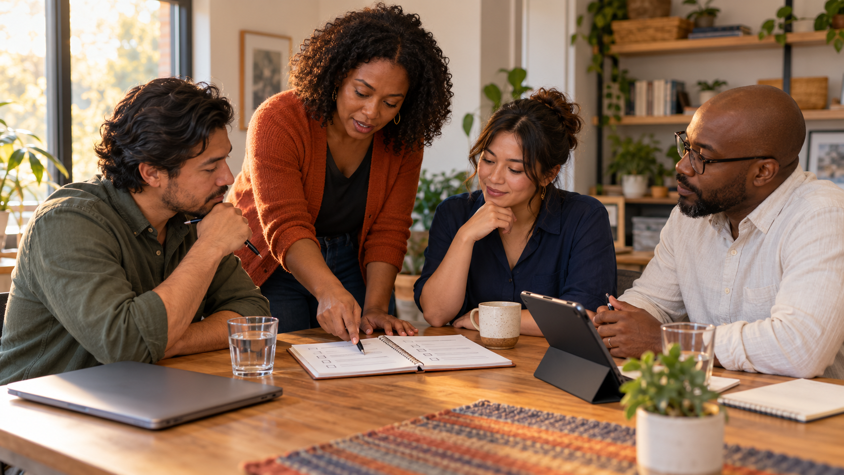 Four adult colleagues gather around a table as one person points to a written action checklist in an open notebook.