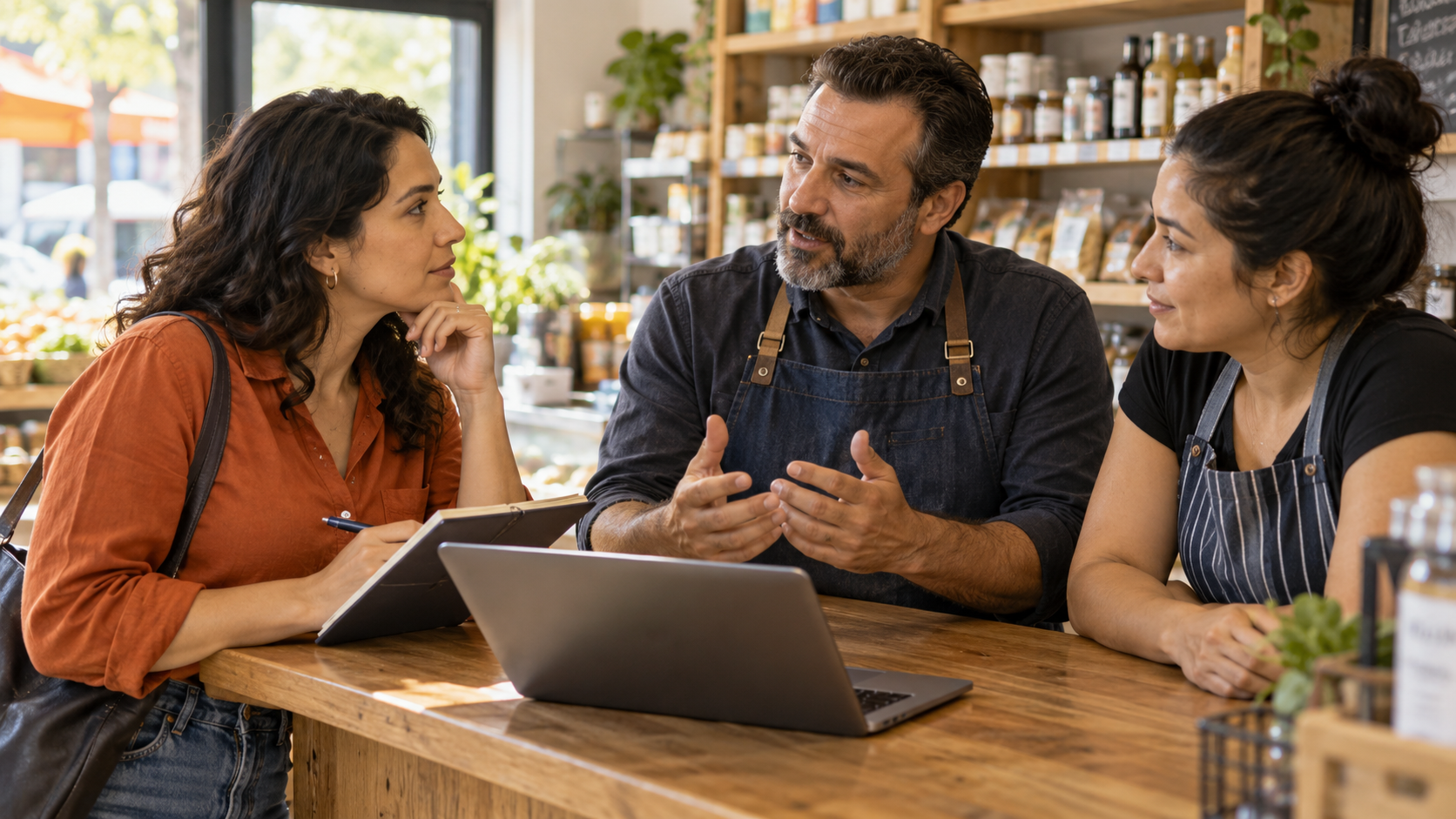Entrepreneur discussing a business idea with a shop owner and employee beside a notebook and laptop.