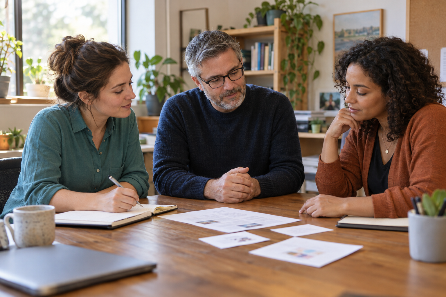 Three adult colleagues review printed work notes together at a wooden table in a sunlit community office.