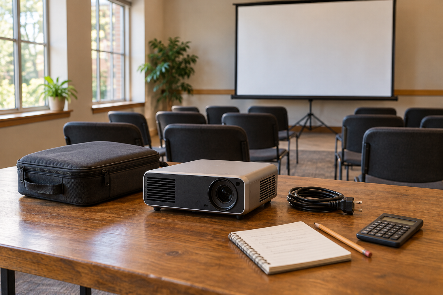 Portable projector, carrying case, coiled power cord, notebook and calculator on a table in an empty workshop room with a blank projection screen.